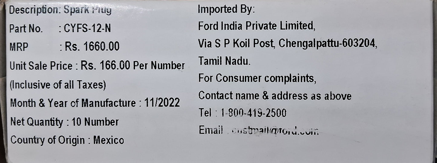 Ford Figo, Figo Aspire Petrol - Spark Plug CYFS-12-N (Set of 3) - Ford Genuine