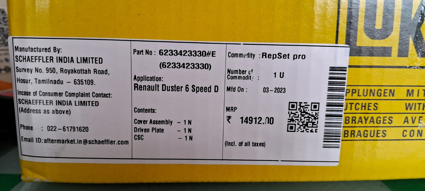 Renault Duster, Nissan Teranno 6 Speed - Clutch Kit (With Bearing) - 6233423330#E - LUK
