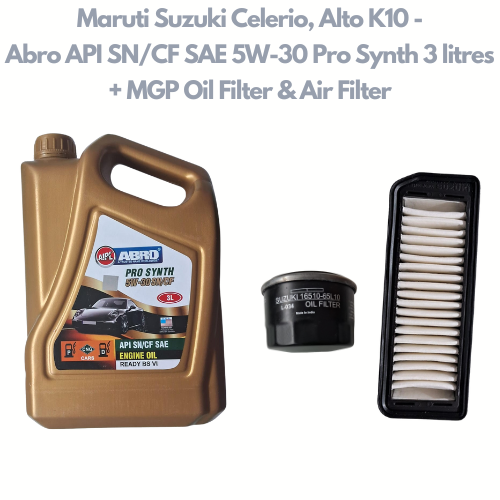 Maruti Suzuki Celerio, Alto K10 - Service Combo - Abro API SN/CF SAE 5W-30 Pro Synth 3 litres + MGP Oil Filter & Air Filter
