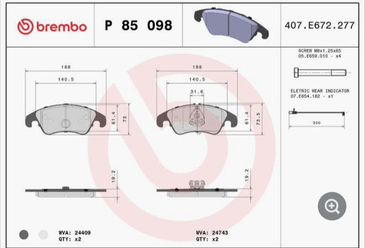Audi A6 4G Front Brake Pad Set - P85098 Brembo