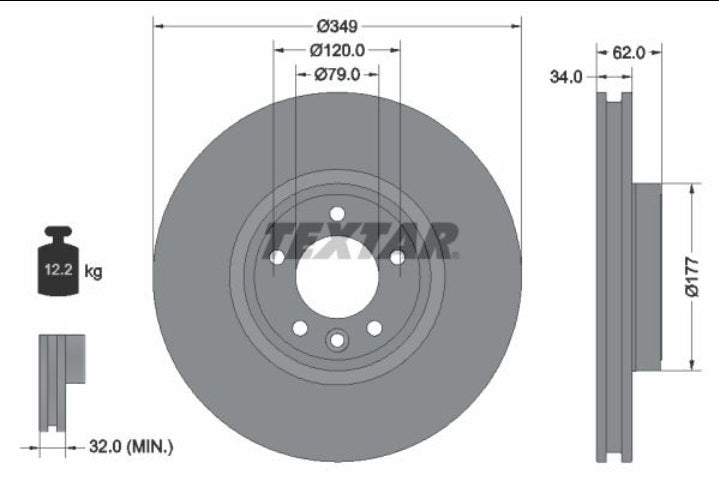Land Rover Discovery V L462, Range Rover IV L405, RRS II L494 Front Disc Rotor Set of 2 Dia 349 mm - 92307605 Textar