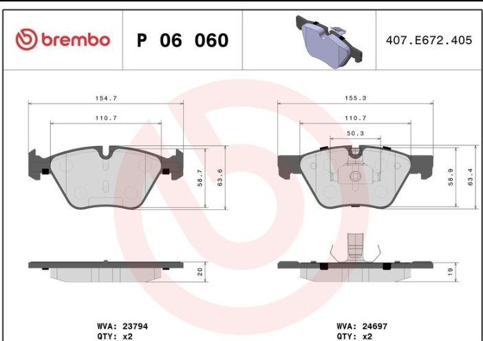 BMW 5 Series F10 518, 520, 523 Front Brake Pad Set - P06060 Brembo