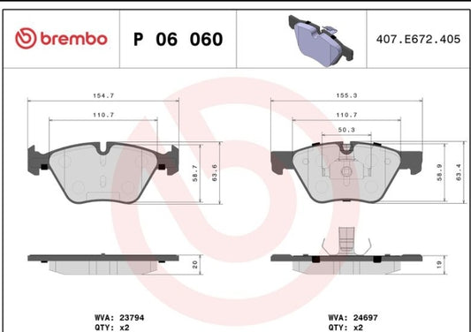 BMW 5 Series F10 518, 520, 523 Front Brake Pad Set - P06060 Brembo