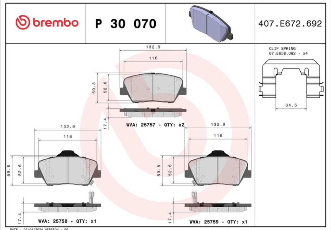 Hyundai Creta, Kia Seltos Front Brake Pad Set - P30070 Brembo