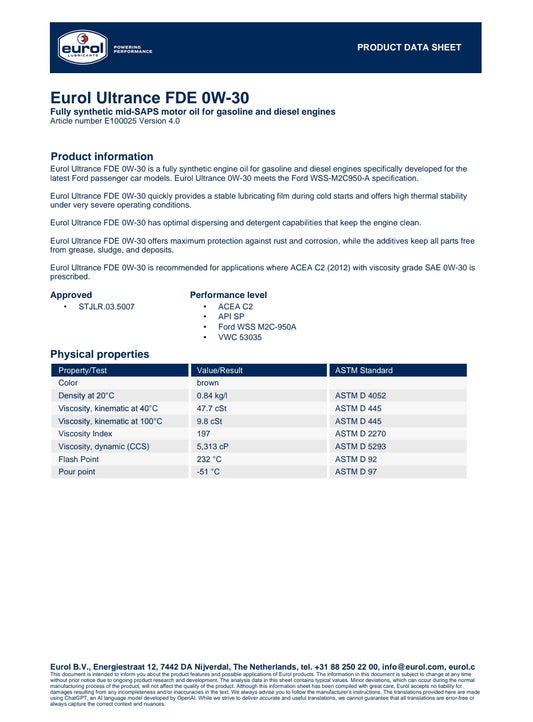 Eurol Ultrance FDE 0W-30 Fully Synthetic Engine Oil 1L - Eurol