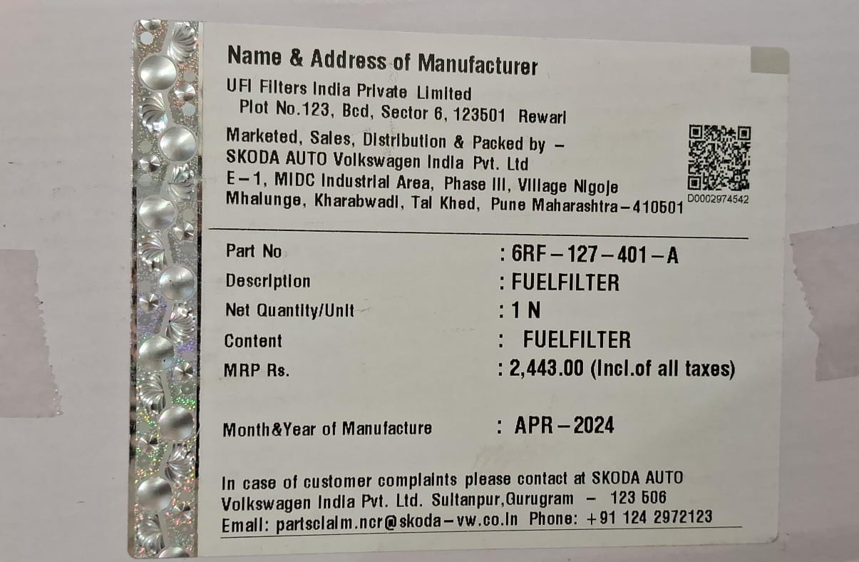 VW Polo, Vento, Skoda Rapid Diesel Type 2 Fuel Filter - 6RF127401A VW