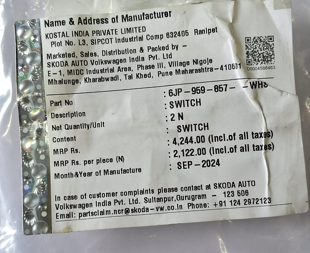 VW Taigun, Virtus, Skoda Kushaq, Slavia - Power Window Switch Front Right - 6JP959857WHS - Volkswagen