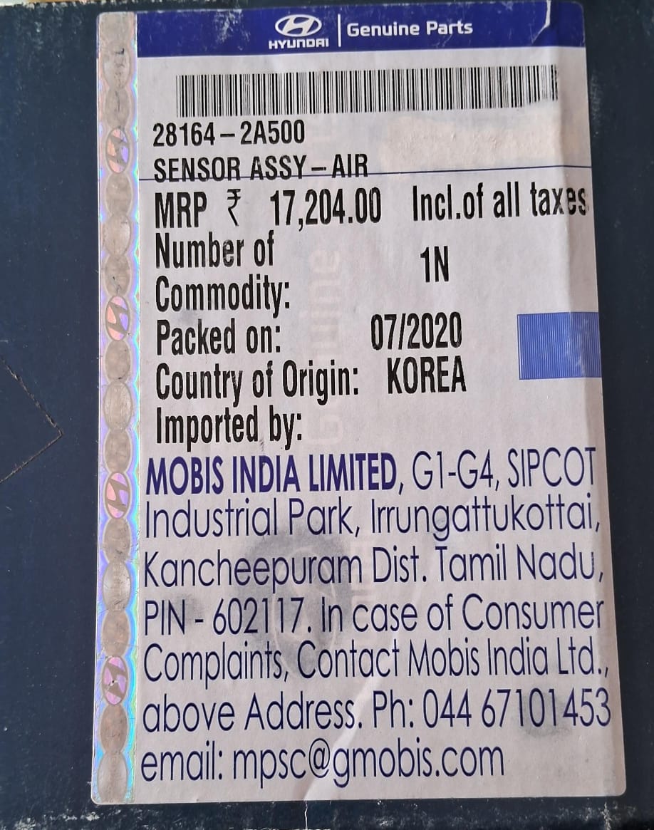 Hyundai Alcazar, Aura, Creta O/M, Elantra Fluidic, Getz, Grand I10, I20, I20 Elite, Verna Fluidic, Xcent, Kia Carens, Seltos, Sonet (All Diesel) - Air Flow Sensor - 28164-2A500 - Hyundai