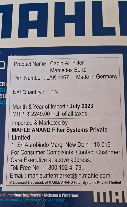 Mercedes A Class 177, B Class 247, CLA 118, GLA 247 (All N/M) - AC Filter - LAK 1467 - Mahle