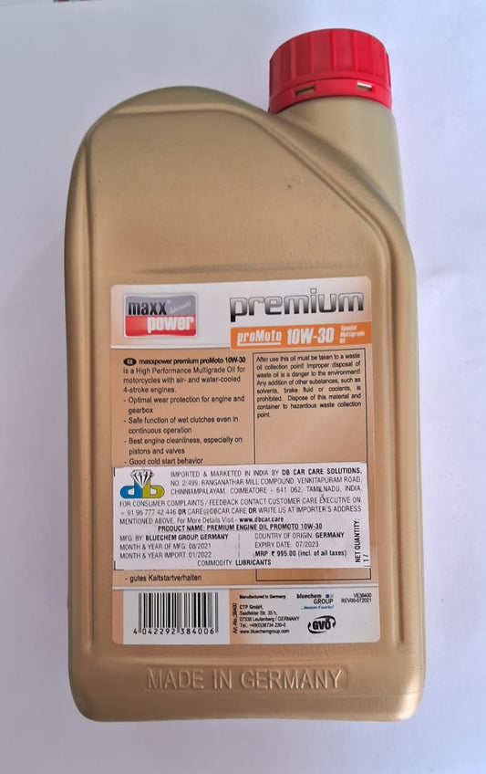 Bluechem 10W-30 Fully Synthetic Motorcycle Engine Oil 1 litre (Maxxpower Lubricants) - Bluechem