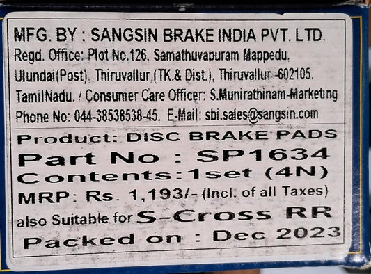 Maruti Suzuki S-Cross, Baleno - Rear Brake Pads - SP1634 - Hi-Q