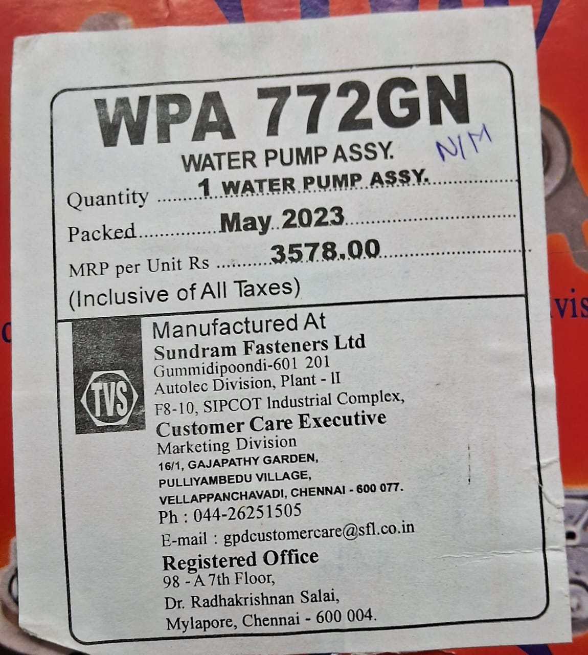 Mahindra Scorpio S10, S11 (N/M) - Water Pump - WPA772GN - TVS