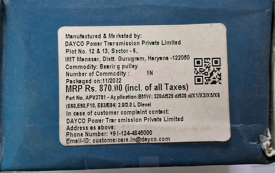 BMW 320d/525d/530d/X1, X3, X5, X6 (E60, E90, F10, E83, E84) 2.0 /3.0L Diesel - Single Pulley - APV 2781 - Dayco