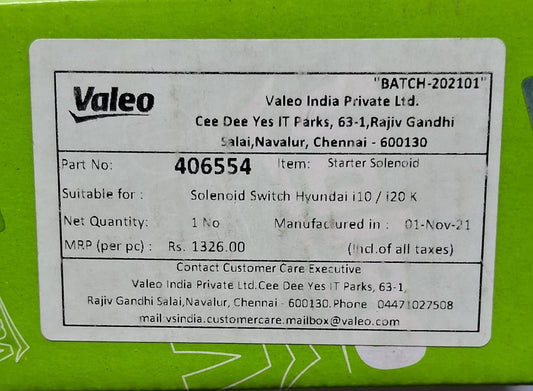 Hyundai I10, I20 Old, I20 Elite, Grand I10 Petrol - Solenoid Switch, Starter - 406554 - Valeo