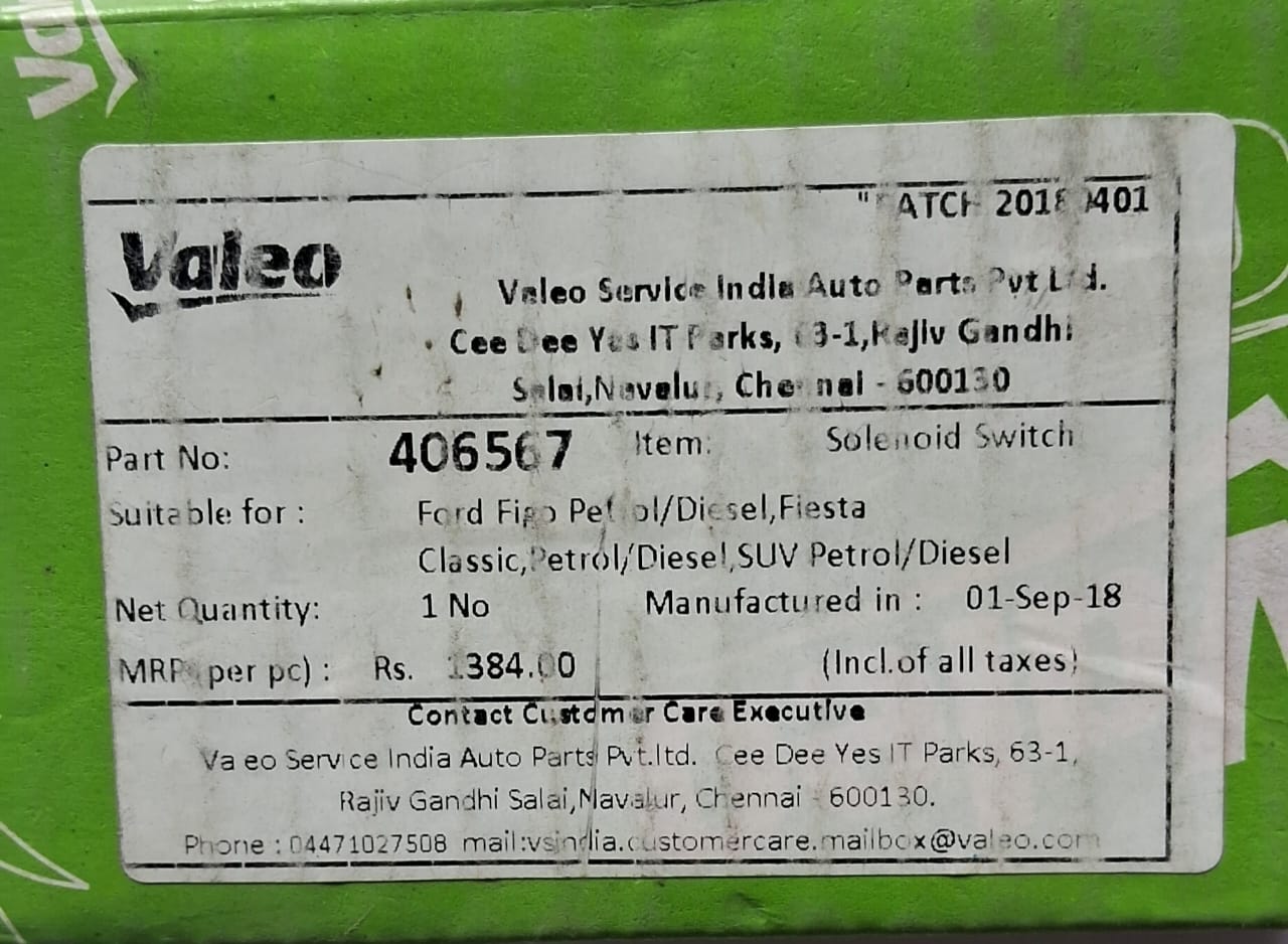 Ford Figo, Figo Aspire, Fiesta, Ecosport - Solenoid Switch, Starter - 406567 - Valeo