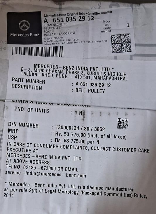 Mercedes C Class 204, 205, E Class 212, GLC 253, M Class 166 Diesel 651 Engine Damper Pulley - A6510352912 Mercedes