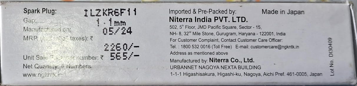 Hyundai I10 Kappa, I10 Grand, Xcent, Creta, I20 High Performance Spark Plug (Set of 4) - ILZKR6F11 - NGK