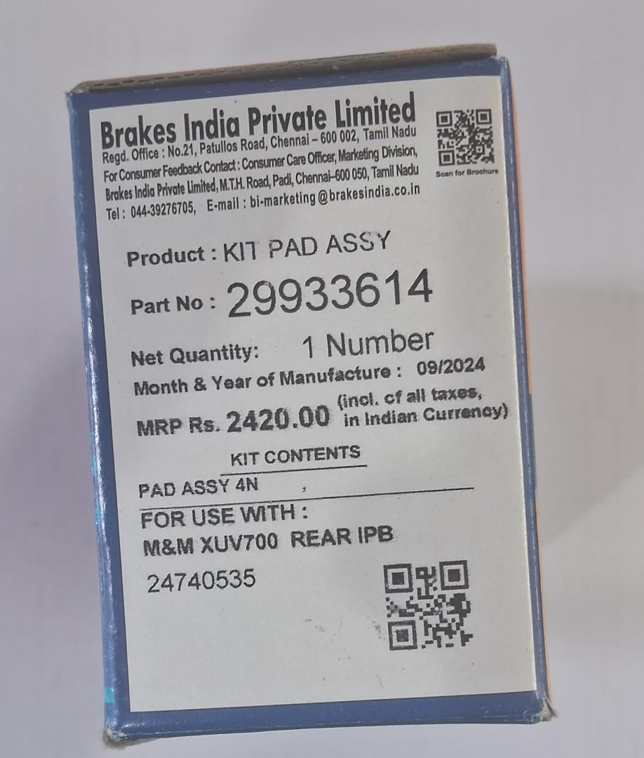 Mahindra XUV 700 - Rear Brake Pads - 29933614 - TVS