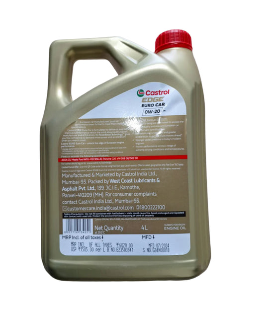 Castrol Edge Euro Car 0W-20 Full Synthetic Engine Oil 4L - Castrol