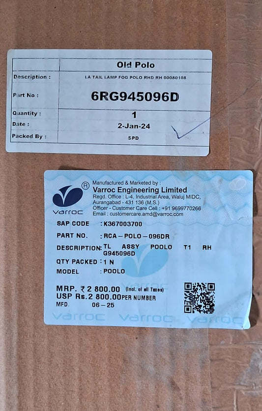 VW Polo Type II Tail Light Right With Back Plate - RCA-POLO-096DR Varroc