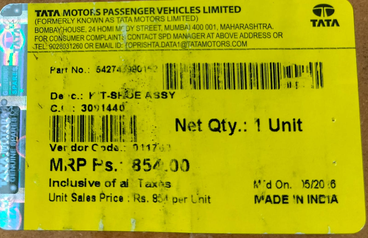 Tata Zest, Bolt, Nexon, Tiago, Tigor - Rear Brake Shoe - 542742990152 - Tata Genuine