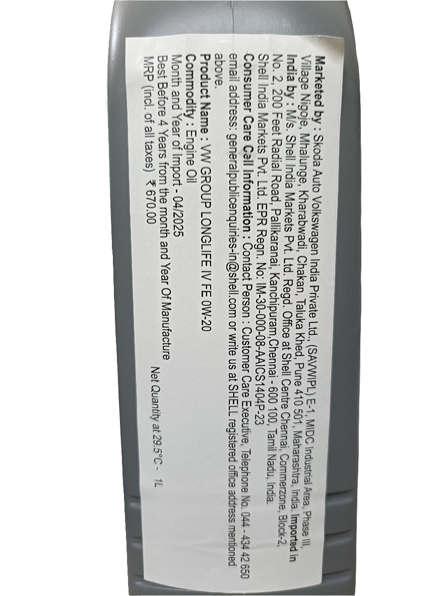 VW LongLife 1V FE SAE 0W-20 1L New Pack - VW 508 00/509 00