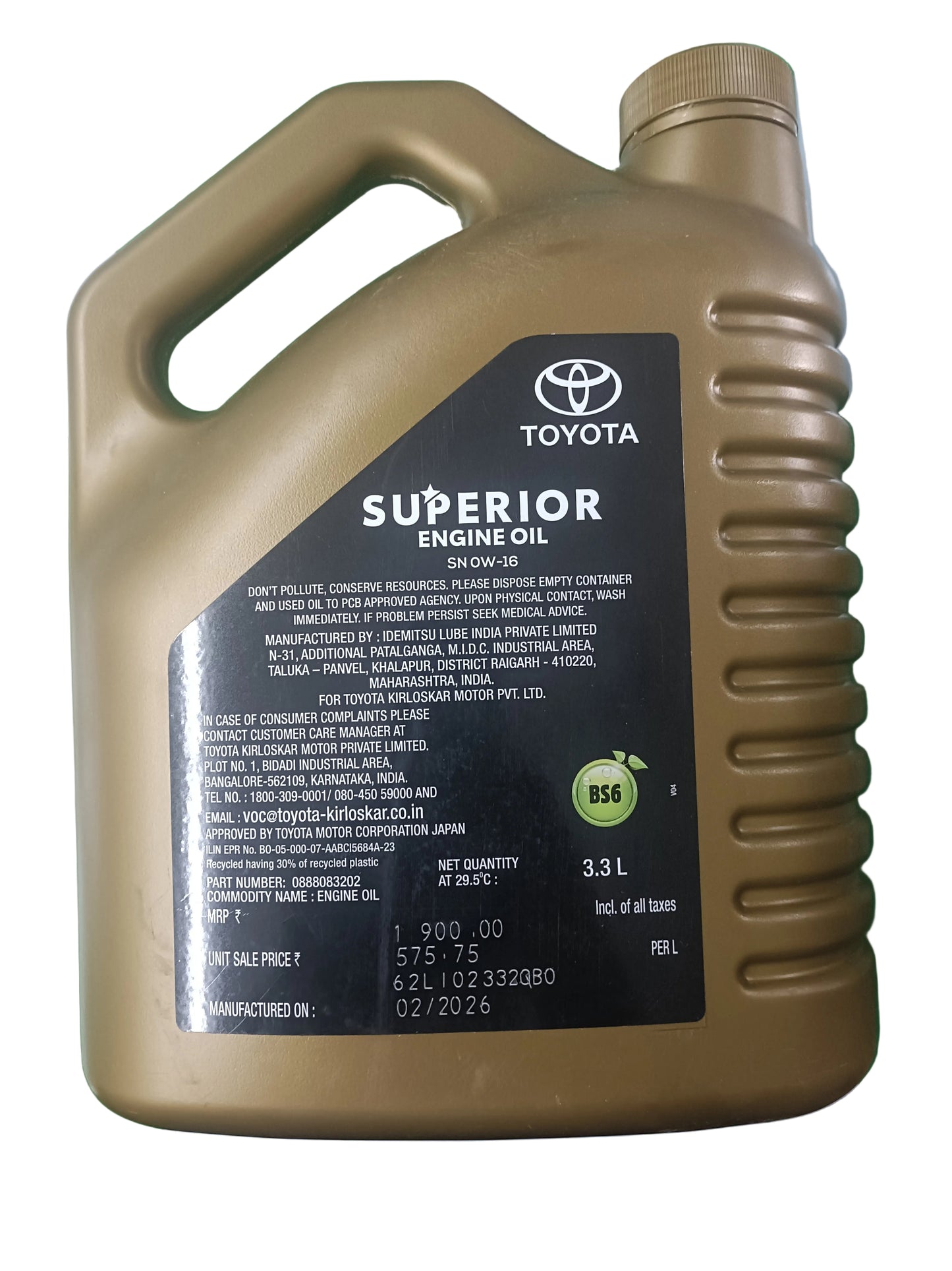 Toyota SN 0W-16 Synthetic Petrol Engine Oil 3.3 Litres - Toyota