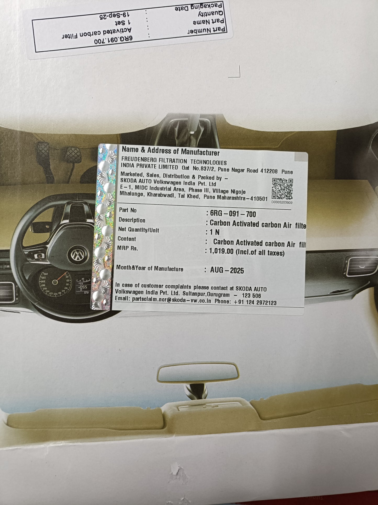 VW Vento, Polo, Skoda Rapid - Carbon Activated AC Filter 6RG091700 - Volkswagen Genuine