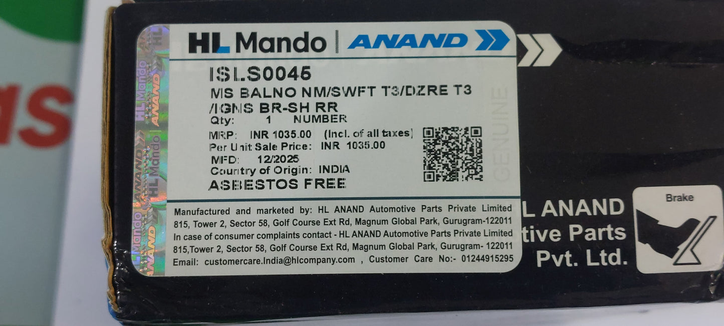 Maruti Suzuki Baleno, Swift T3, Dzire T3 Rear Brake Shoe - ISLS0045 Mando