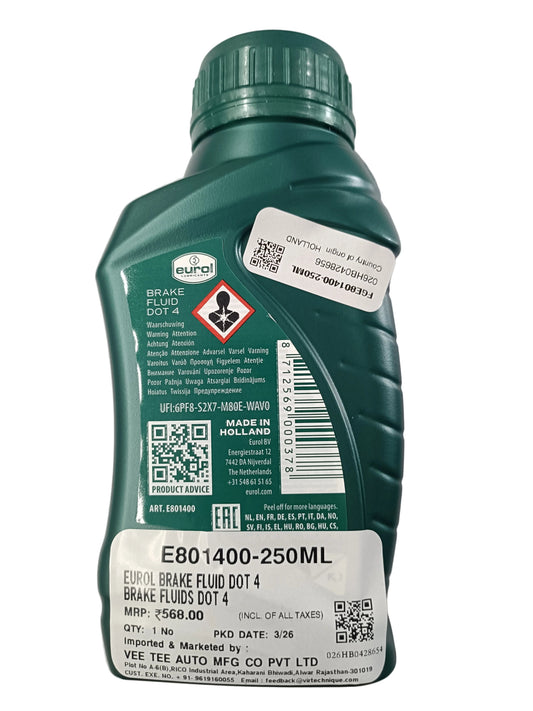 Eurol Fully Synthetic Brake Fluid Dot 4 250 ml - Eurol Holland
