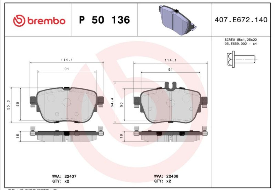 Mercedes E W213, C238 Rear Brake Pads - P50136 Brembo