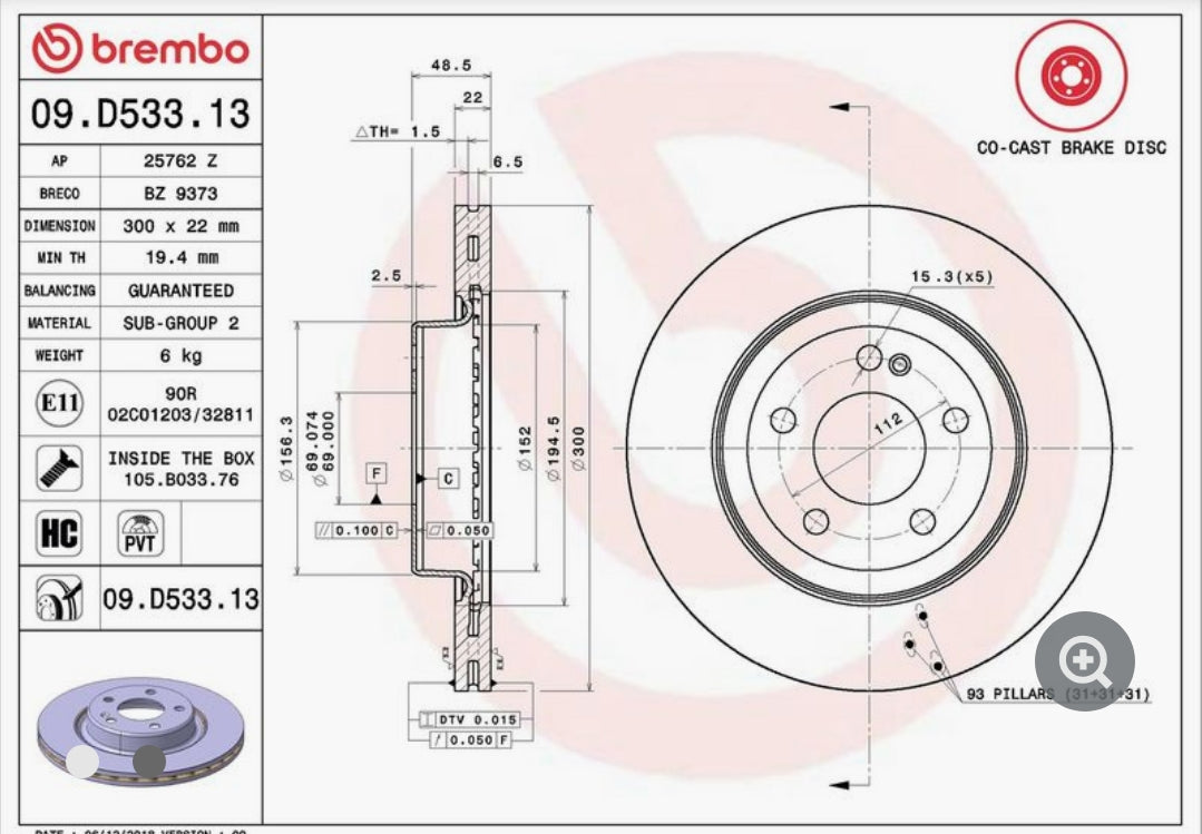 Mercedes C 205, E 213, GLC X253 Rear Disc Rotor Set 92338705 Dia 300 mm - 09D53313 Brembo