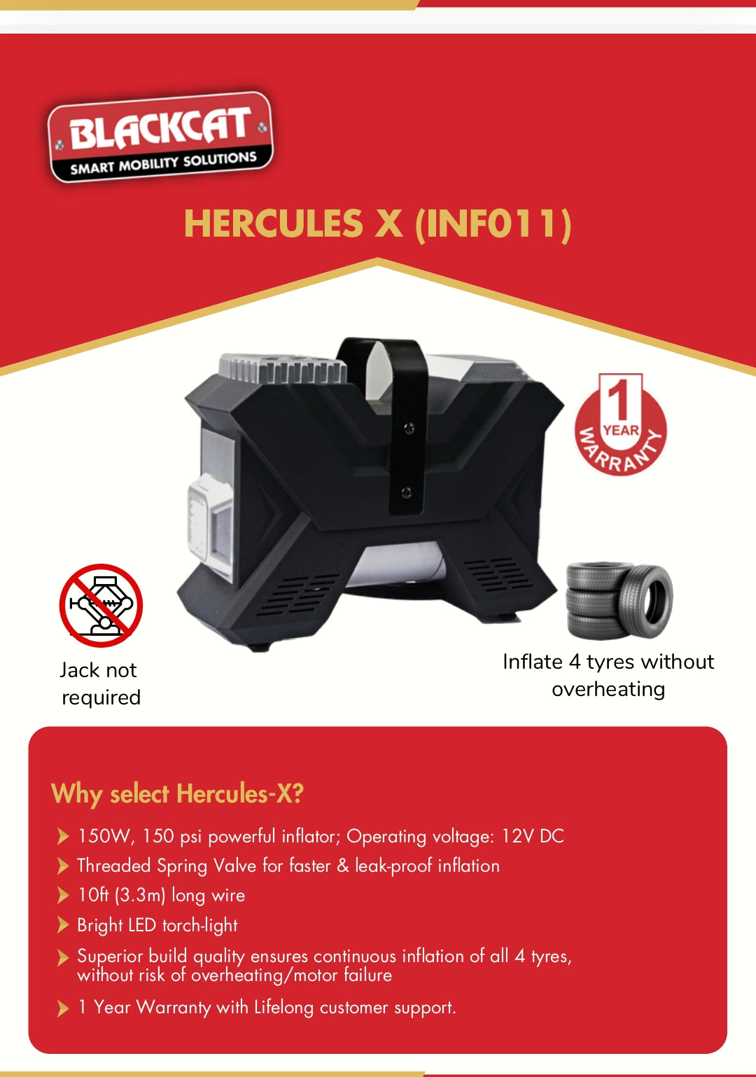 Blackcat Mini Air Pump Hercules-X Tyre inflator - INF011 Blackcat