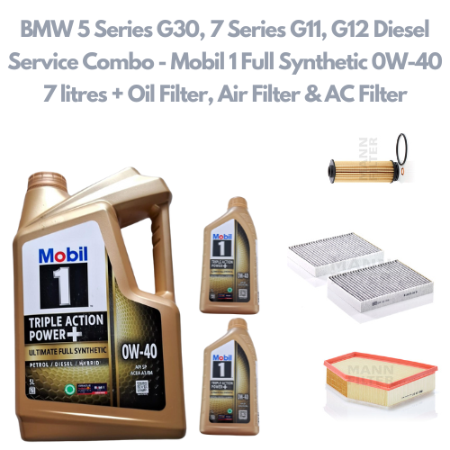 BMW 5 Series G30, 7 Series G11, G12 Diesel Service Combo - Mobil 1 Full Synthetic 0W-40 7 litres + Oil Filter, Air Filter & AC Filter