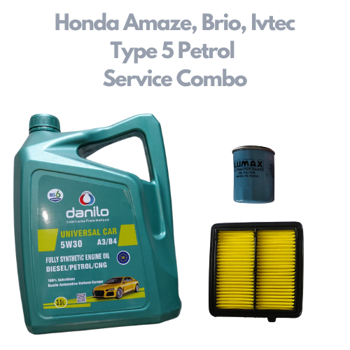 Honda Amaze, Brio, Ivtec Type 5 Petrol - Service Combo - Danilo API SN/CF 5W-30 Fully Synthetic 3.5 litres + Mahle Oil Filter & Sofima Air Filter