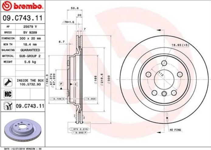 BMW X1 F48, Mini Countryman F60, Clubman F54 Rear Disc Rotor Set, Dia 300 mm - 09C74311 Brembo