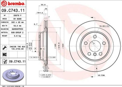 BMW X1 F48, Mini Countryman F60, Clubman F54 Rear Disc Rotor Set, Dia 300 mm - 09C74311 Brembo