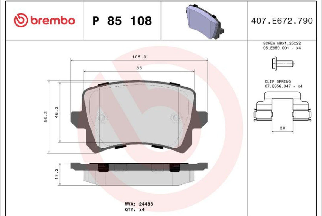 Audi Q3, VW Passat Rear Brake Pad Set - P85108 Brembo