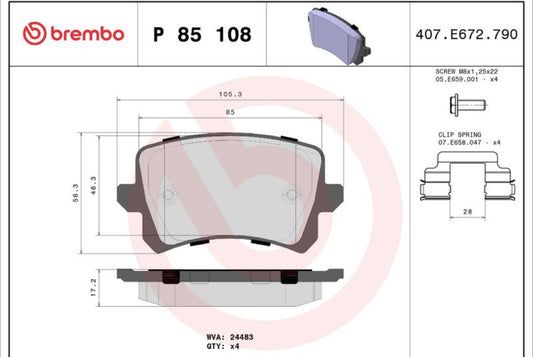 Audi Q3, VW Passat Rear Brake Pad Set - P85108 Brembo