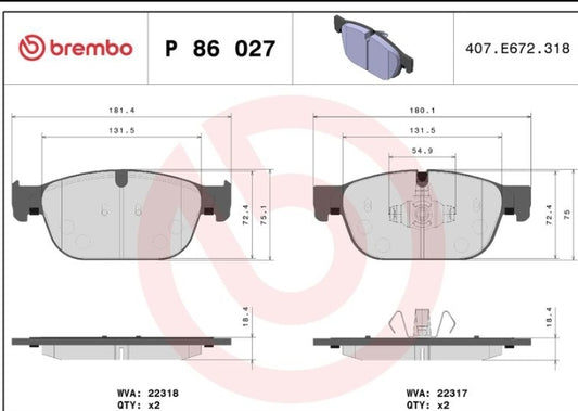 Volvo S60 III 224, S90 II 234, V60 II, V90 II, XC40 536, XC60 II 246, XC90 II 256 N/M - Front Brake Pad Set - P86027 Brembo