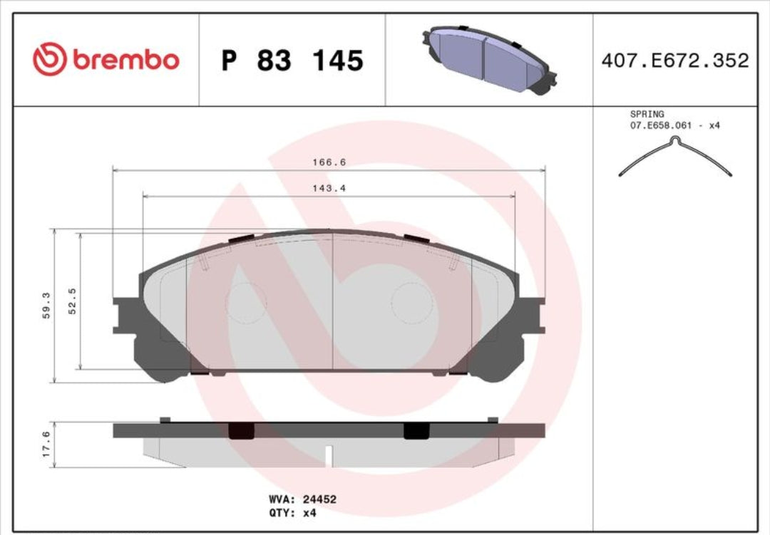 Toyota Land Camry 2018-, Lexus ES, LM, NX, NX II, RX, RZ Front Brake Pad Set - P83145 Brembo