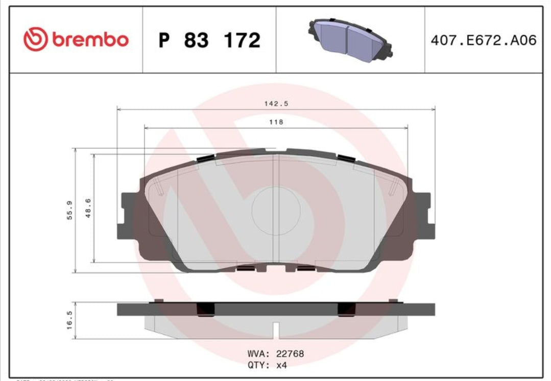 Toyota Land Camry 2018-, Corolla 2022- Lexus ES, UX Front Brake Pad Set - P83172 Brembo