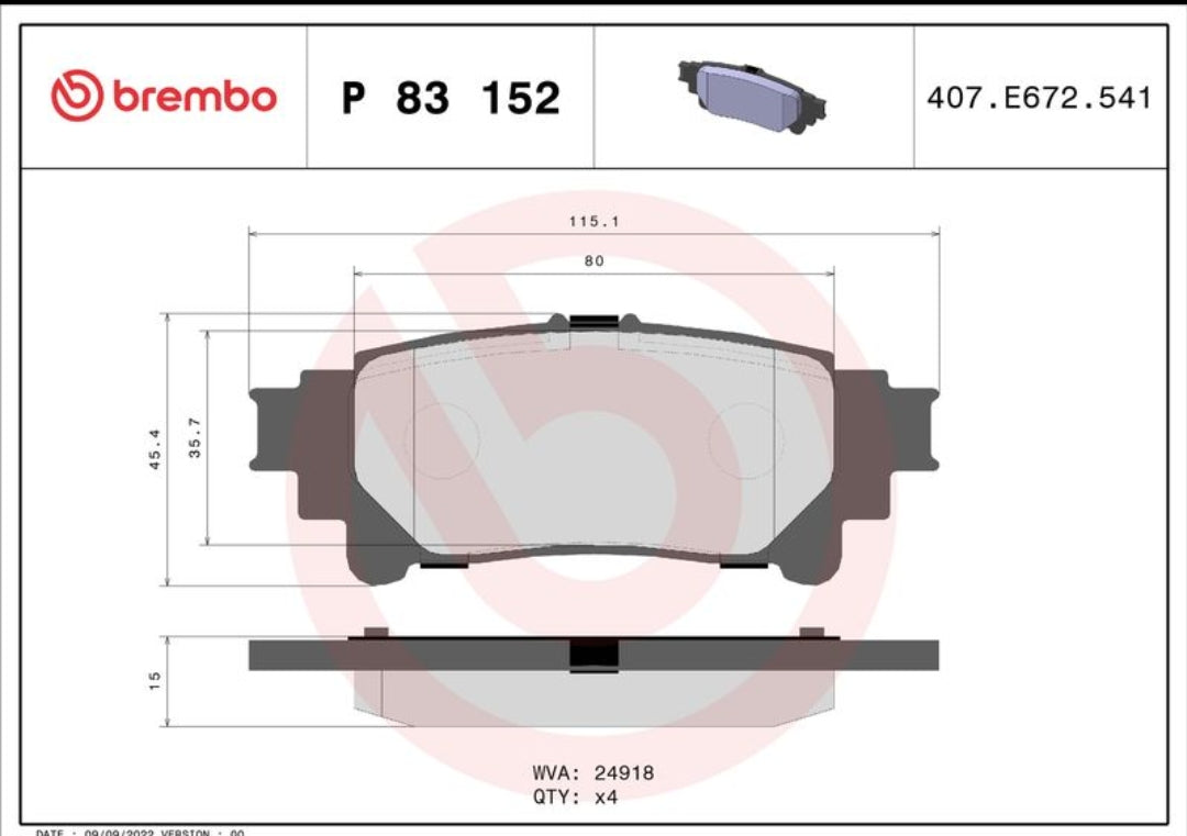 Toyota Fortuner, Lexus RX L1 Rear Brake Pad Set - P83152 Brembo