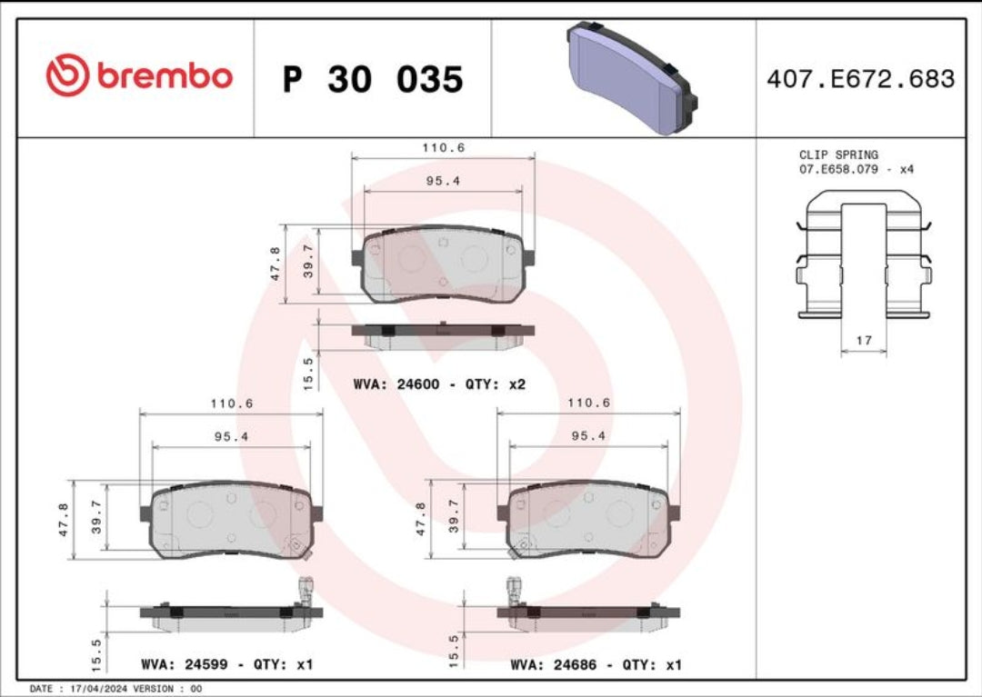 Kia Carnival Rear Brake Pad Set - P30035 Brembo