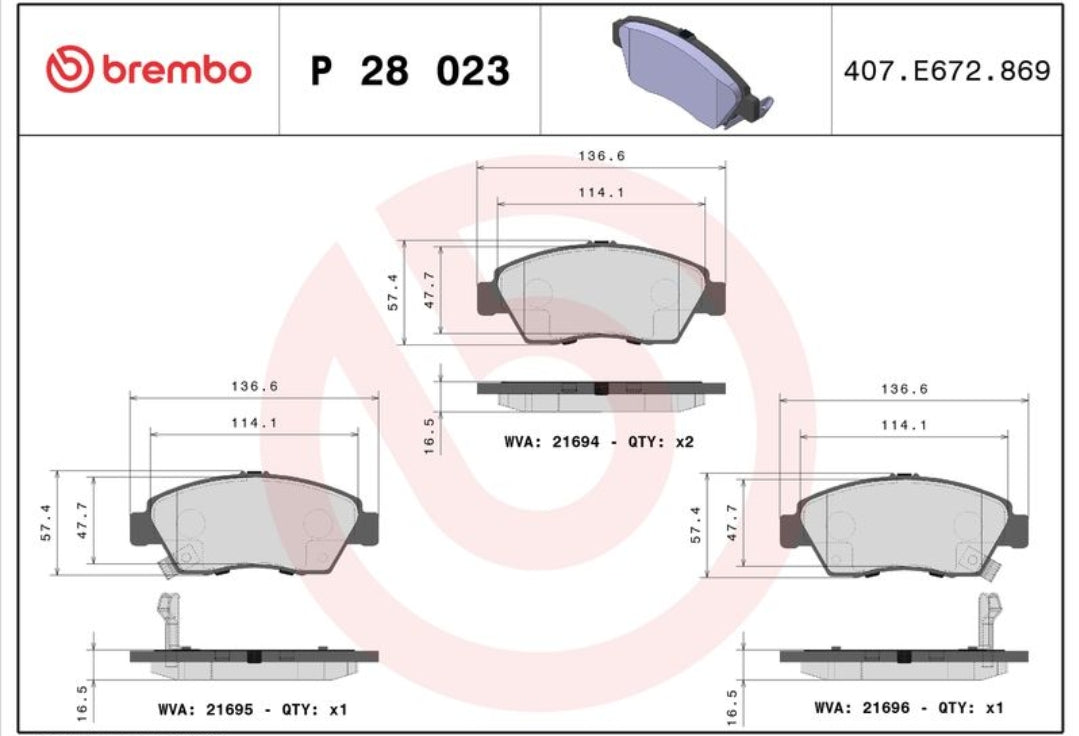 Honda Civic, Accord - Front Brake Pad Set - P28023 Brembo