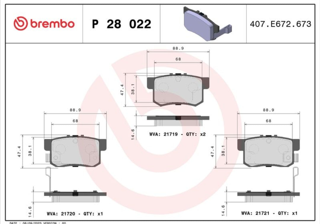 Honda Civic, Accord - Rear Brake Pad Set - P28022 Brembo