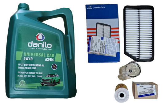 Hyundai Creta Diesel 2015-20 Model - Hyundai Oil Filter + Hyundai Air Filter + Hyundai AC Filter + Danilo 5W-40 5 Litres Fully Synthetic Engine Oil - Service Combo