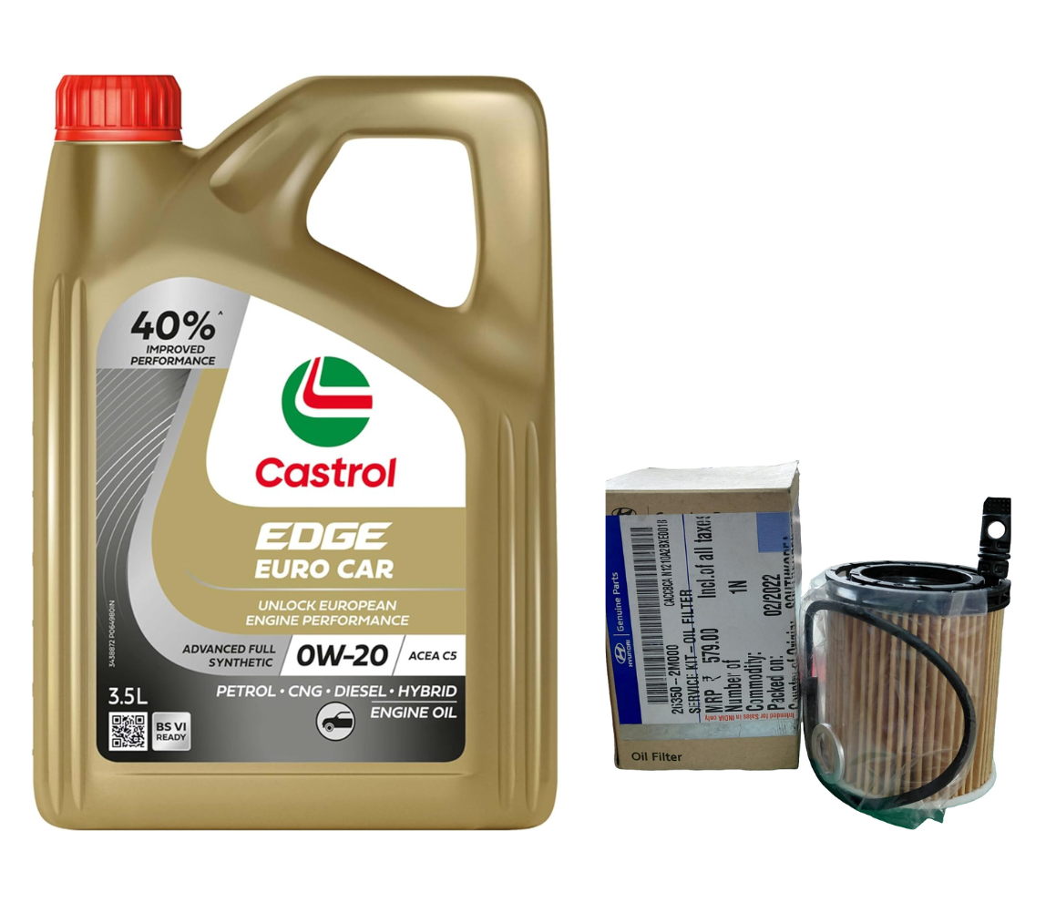 Hyundai Creta, Kia Seltos BS VI Petrol Service Combo - Castrol Edge C5 0W-20 3.5L + Hyundai Oil Filter + Air Filter