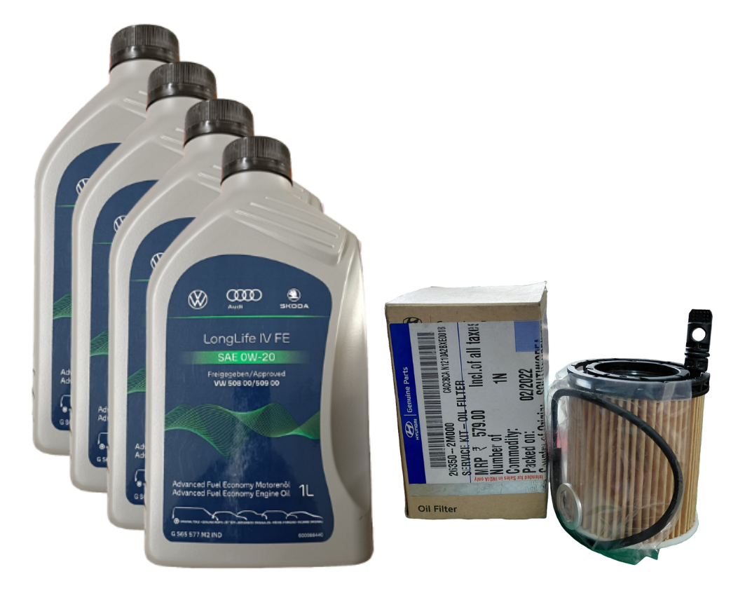 Creta 2024 Petrol Service Combo - VW LongLife 1V FE SAE 0W-20 4L (1X4) - VW 508 00/509 00 + Oil Filter + Air Filter