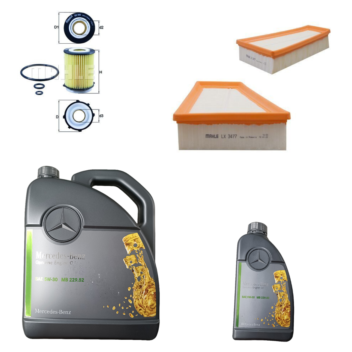 Mercedes A, B, CLA, GLA Petrol Service Combo - Mercedes 5W-30 6 Litres + Mahle Oil & Air Filter